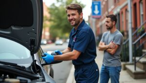 A mobile mechanic in a uniform repairs a car starter under the hood of a sedan parked on a Philadelphia street, with residential rowhomes in the background.